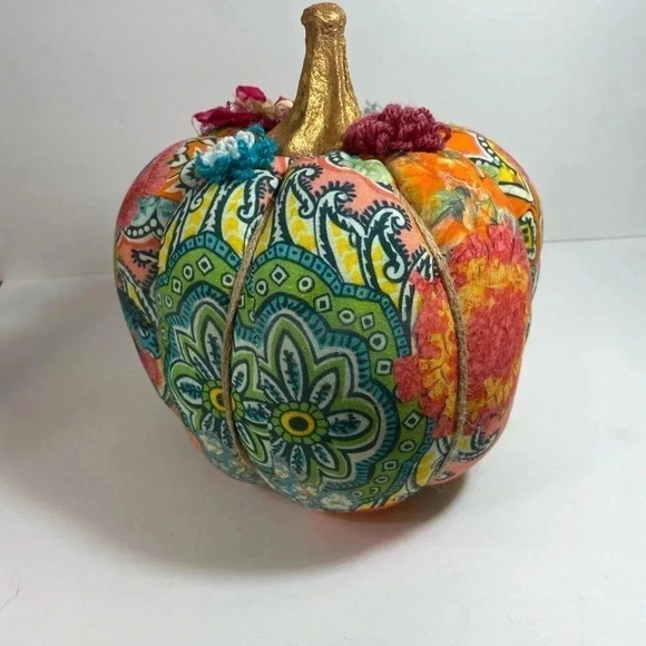 Mixed Fabric Pumpkin Gold Stem Bohemian Twine Flowers Orange Pink Teal 10 In. - Picture 4 of 11